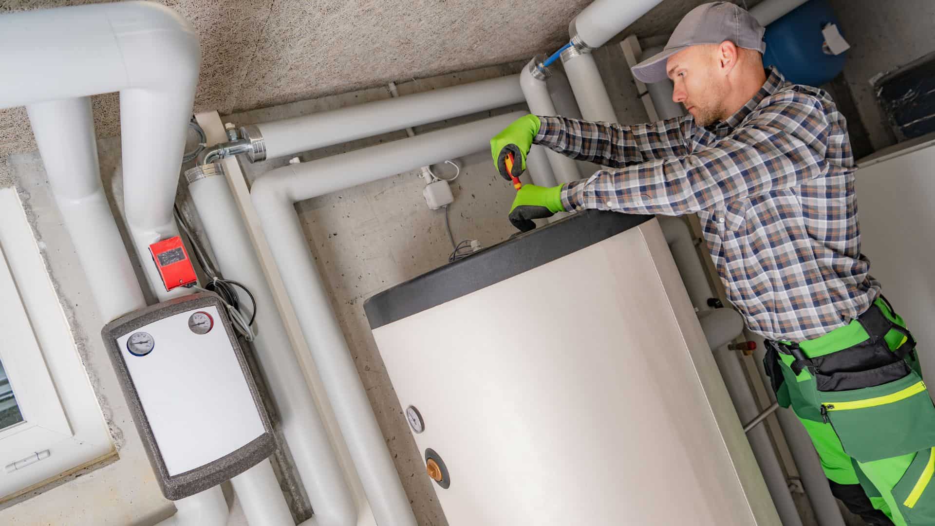 A person wearing a plaid shirt, cap, and green gloves works on a cylindrical water heater using a screwdriver. They're surrounded by white pipes in a utility room.