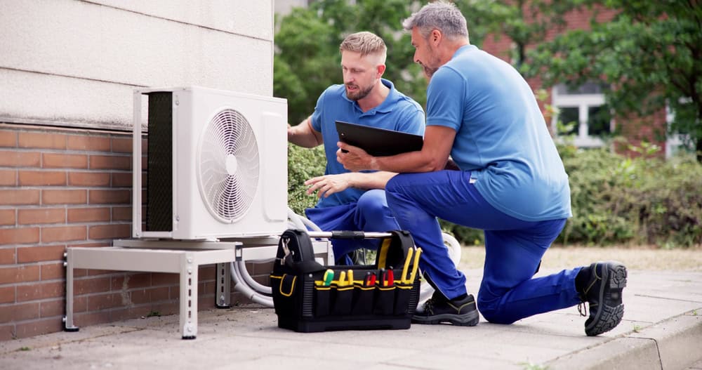 Two technicians in blue uniforms are crouching by an air conditioning unit outside a building. One holds a clipboard, and a toolbox with various tools is on the ground. They appear to be examining or repairing the unit, surrounded by greenery.