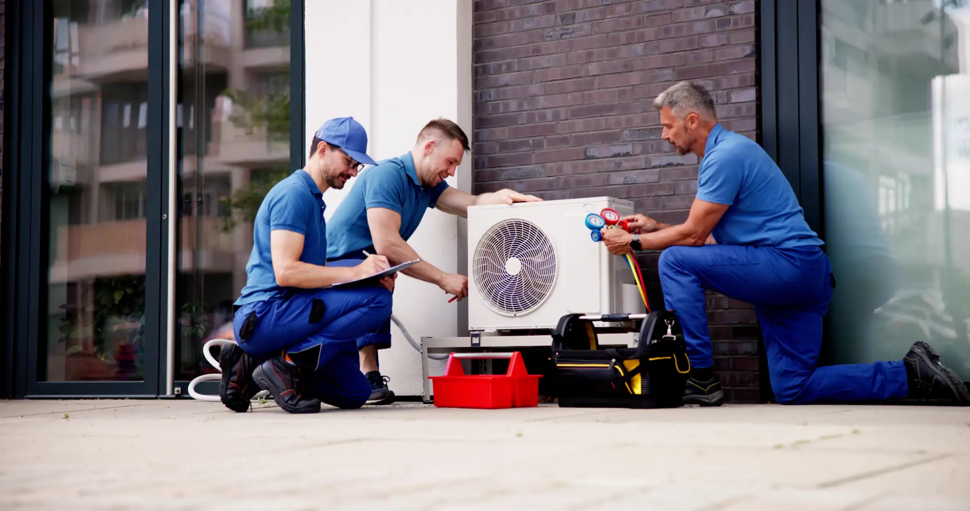 Three technicians in blue uniforms work together to install or repair an outdoor air conditioning unit next to a building, using tools and equipment, with one taking notes on a clipboard.